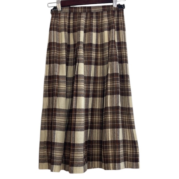 Vintage Kilt Womens XS Brown Cream Tartan Plaid Wool Pleated Midi Skirt Scotland - Picture 2 of 8